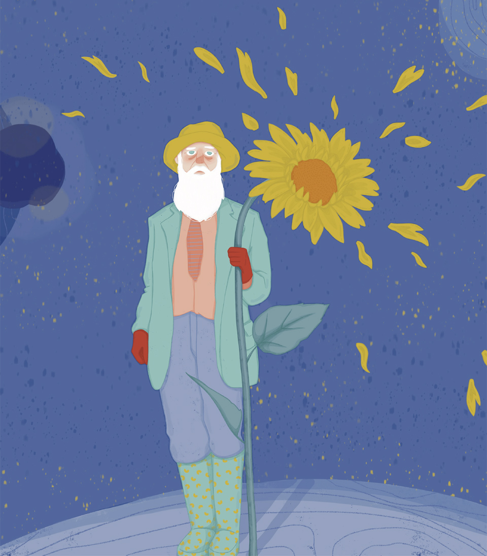 Illustration « Soleil » Julie Bandit Illustration d'un homme avec un tournesol