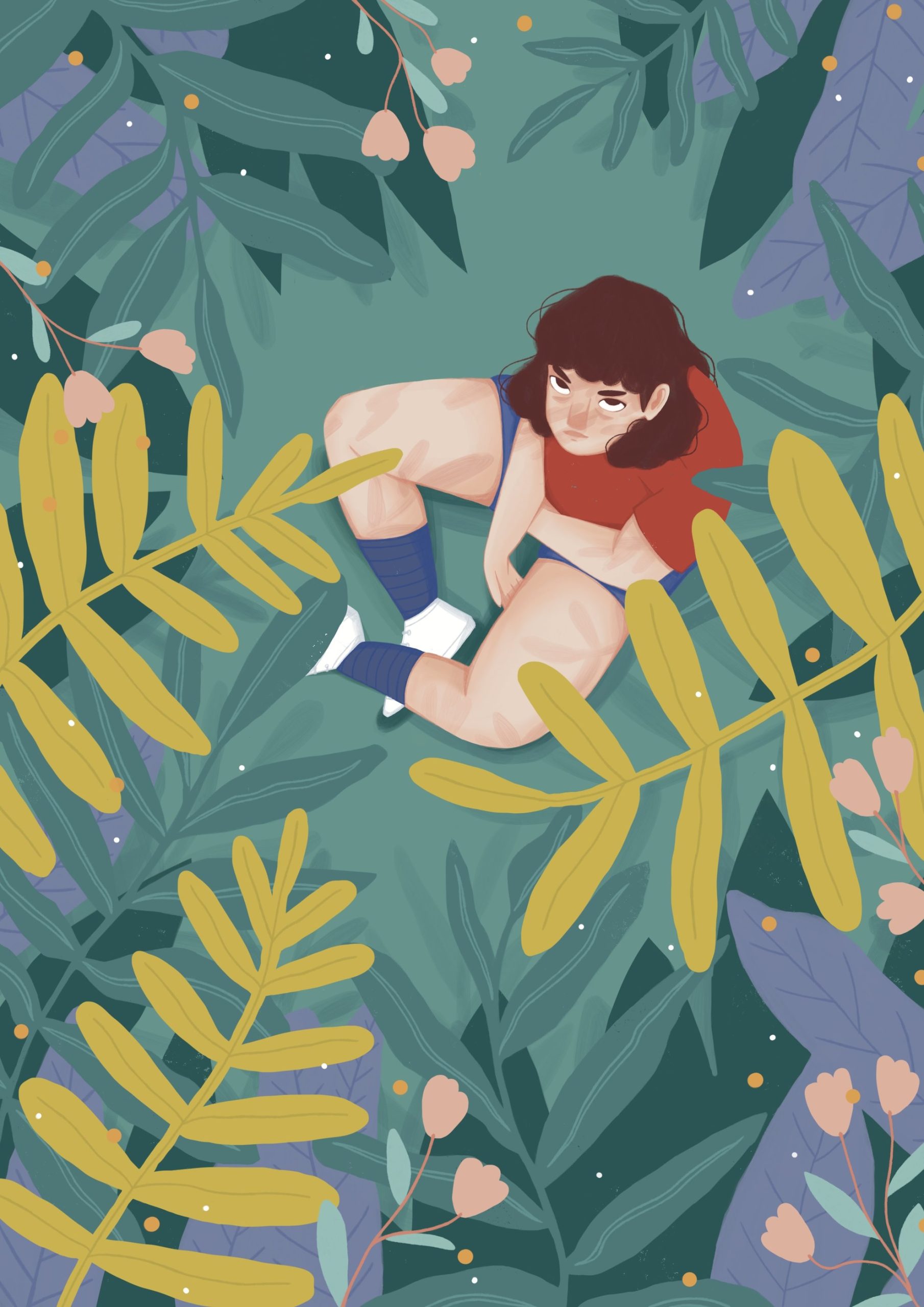 Illustration d'une jeune fille qui se repose en forêt entourée par la végétation
