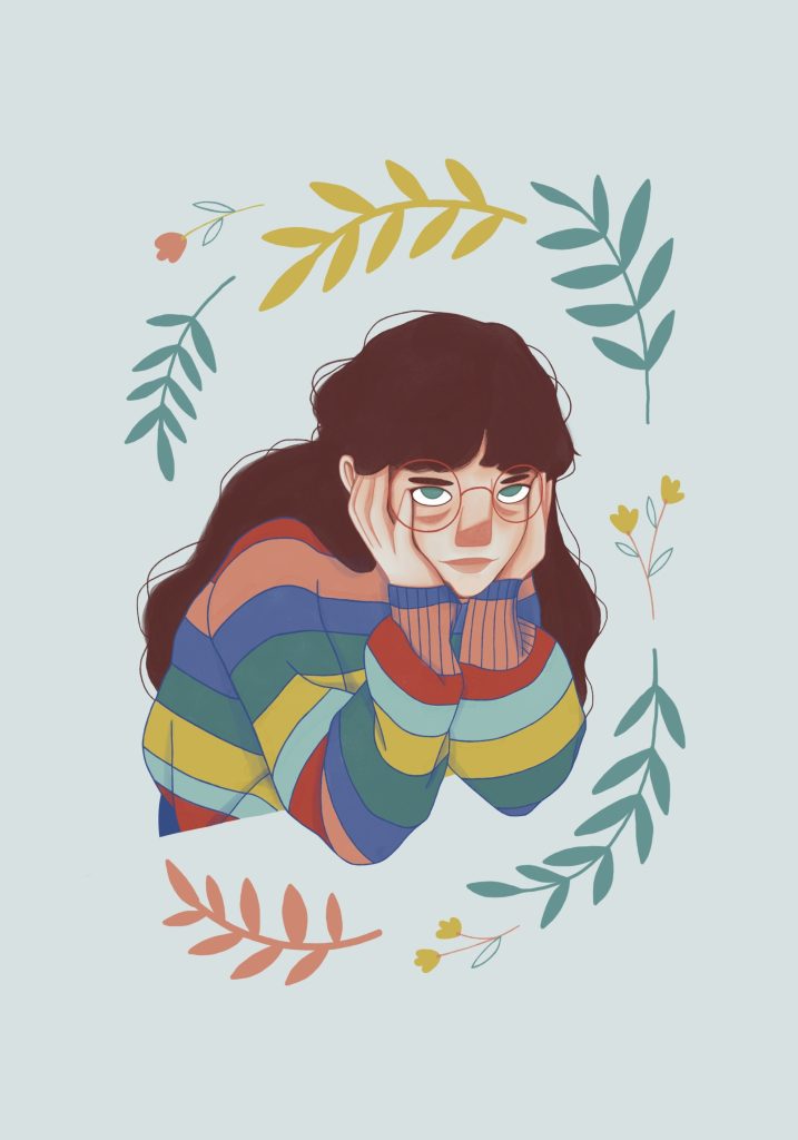 Portrait Julie Bandit Illustration autoportrait de Julie Bandit, jeune femme brune à lunettes