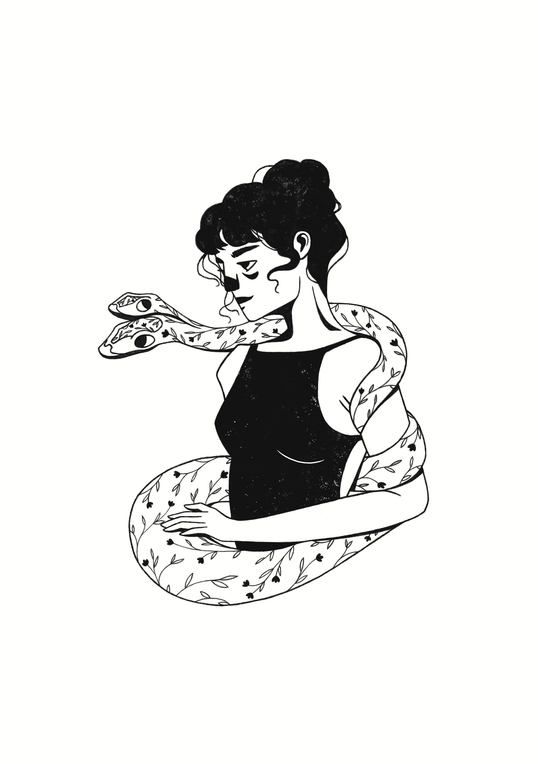 Illustration en noir et blanc d'un serpent entourant une jeune femme